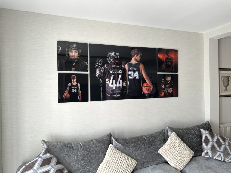 Wide shot of 5 acrylic family portraits on the wall above a sofa